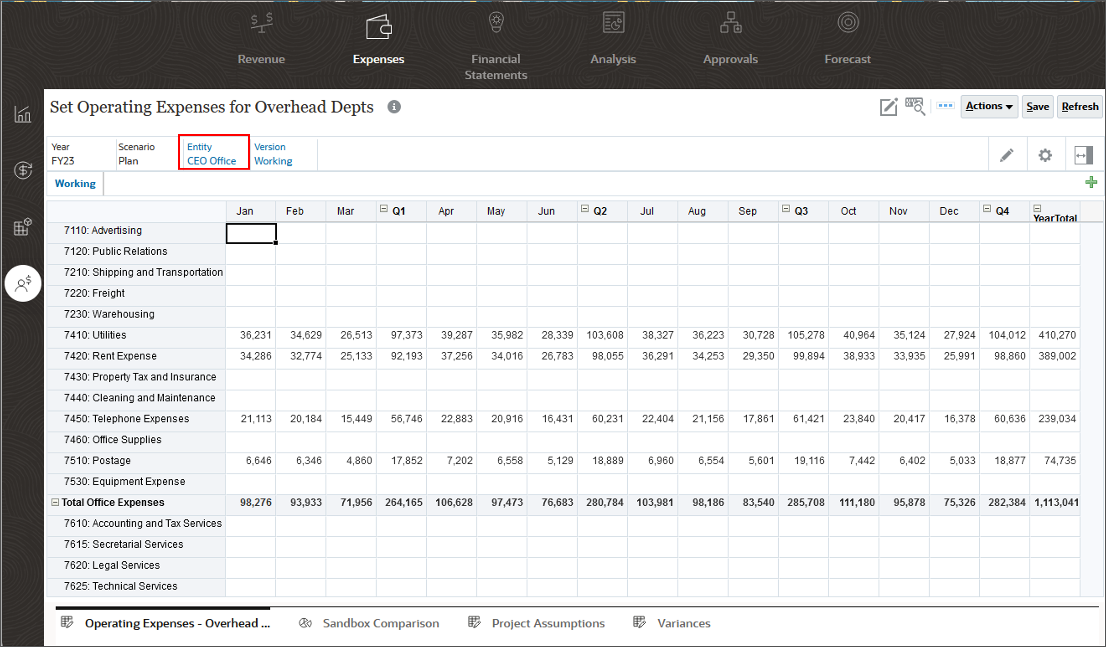 Set Operating Expenses for Overhead Depts Form with CEO Office